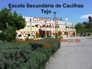 Escola Secundária de Cacilhas
            Tejo
         • CURSO EFA
           • TURMA P
   • ANA PAULA MARQUES
 • Quarta-feira, 25 de Março de
               2009
 