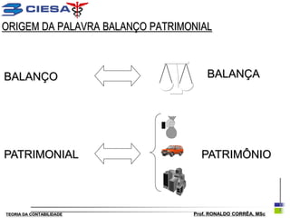 ORIGEM DA PALAVRA BALANÇO PATRIMONIAL



BALANÇO                              BALANÇA




PATRIMONIAL                        PATRIMÔNIO




TEORIA DA CONTABILIDADE          Prof. RONALDO CORRÊA, MSc
 