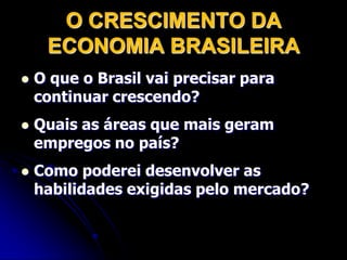 O CRESCIMENTO DA ECONOMIA BRASILEIRAO que o Brasil vai precisar para continuar crescendo?Quais as áreas que mais geram empregos no país?Como poderei desenvolver as habilidades exigidas pelo mercado?