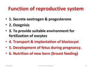 3/29/2018 Prof.Dr.R.R.Deshpande 10
Function of reproductive system
• 1. Secrete oestrogen & progesterone
• 2. Ooegnisis
• 3. To provide suitable environment for
fertilization of oocytes
• 4. Transport & implantation of blastocyst
• 5. Development of fetus during pregnancy.
• 6. Nutrition of new born (breast feeding)
 