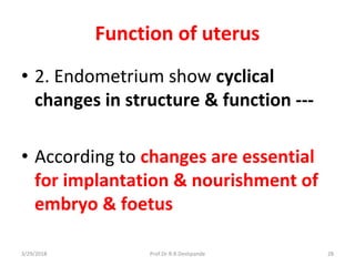 3/29/2018 Prof.Dr.R.R.Deshpande 28
Function of uterus
• 2. Endometrium show cyclical
changes in structure & function ---
• According to changes are essential
for implantation & nourishment of
embryo & foetus
 