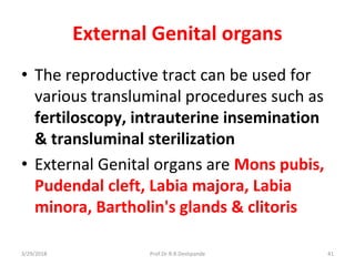3/29/2018 Prof.Dr.R.R.Deshpande 41
External Genital organs
• The reproductive tract can be used for
various transluminal procedures such as
fertiloscopy, intrauterine insemination
& transluminal sterilization
• External Genital organs are Mons pubis,
Pudendal cleft, Labia majora, Labia
minora, Bartholin's glands & clitoris
 