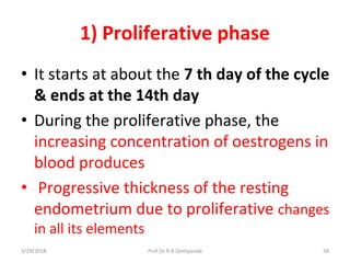 3/29/2018 Prof.Dr.R.R.Deshpande 58
1) Proliferative phase
• It starts at about the 7 th day of the cycle
& ends at the 14th day
• During the proliferative phase, the
increasing concentration of oestrogens in
blood produces
• Progressive thickness of the resting
endometrium due to proliferative changes
in all its elements
 