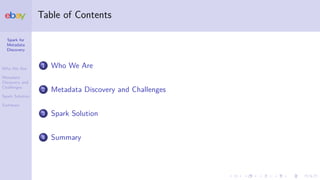 Spark for
Metadata
Discovery
Who We Are
Metadata
Discovery and
Challenges
Spark Solution
Summary
Table of Contents
1 Who We Are
2 Metadata Discovery and Challenges
3 Spark Solution
4 Summary
 