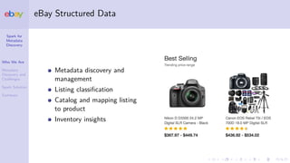 Spark for
Metadata
Discovery
Who We Are
Metadata
Discovery and
Challenges
Spark Solution
Summary
eBay Structured Data
Metadata discovery and
management
Listing classiﬁcation
Catalog and mapping listing
to product
Inventory insights
 