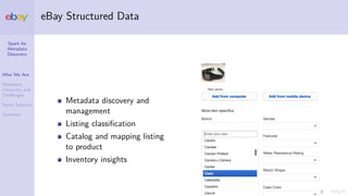 Spark for
Metadata
Discovery
Who We Are
Metadata
Discovery and
Challenges
Spark Solution
Summary
eBay Structured Data
Metadata discovery and
management
Listing classiﬁcation
Catalog and mapping listing
to product
Inventory insights
 