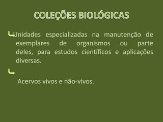 Unidades especializadas na manutenção de
exemplares de organismos ou parte
deles, para estudos científicos e aplicações
diversas.
Acervos vivos e não-vivos.
 