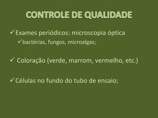 Exames periódicos: microscopia óptica
bactérias, fungos, microalgas;
 Coloração (verde, marrom, vermelho, etc.)
Células no fundo do tubo de ensaio;
 