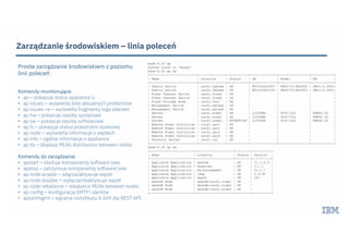 Zarządzanie środowiskiem – linia poleceń
Proste zarządzanie środowiskiem z poziomu
linii poleceń
Komendy monitorujące:
• ap – pokazuje status appliance’u
• ap issues – wyświetla liste aktualnych problemów
• ap issues –e – wyświetla fragmenty loga zdarzeń
• ap hw – pokazuje zasoby sprzętowe
• ap sw – pokazuje zasoby softwarowe
• ap fs – pokazuje status przestrzeni dyskowej
• ap node – wyświetla informacje o węzłach
• ap info – ogólne informacje o appliance
• ap ds – displays MLNs distribution between nodes
Komendy do zarządzania:
• apstart – startuje komponenty software’owe
• apstop – zatrzymuje komponenty software’owe
• ap node enable – włącza/aktywuje węzeł
• ap node disable – wyłącza/deaktywuje węzeł
• ap node rebalance – rebalance MLNs between nodes
• ap config – konfiguracja SMTP i alertów
• apcertmgmt – wgranie certyfikatu X.509 dla REST API
bash-4.2$ ap
System state is 'Ready'
bash-4.2$ ap hw
+-------------------------+--------------+-----------+--------------+----------------+------------+
| Name | Location | Status | SN | Model | FW |
+-------------------------+--------------+-----------+--------------+----------------+------------+
| Fabric Switch | rack1.fabswa | OK | MT1532X10497 | MSX1710-BS2F2O | SWv3.4.3002|
| Fabric Switch | rack1.fabswb | OK | MT1533X01143 | MSX1710-BS2F2O | SWv3.4.3002|
| Fiber Channel Switch | rack1.fcswa | OK | | | |
| Fiber Channel Switch | rack1.fcswb | OK | | | |
| Flash Storage Node | rack1.fsn1 | OK | | | |
| Management Switch | rack1.mgtswa | OK | | | |
| Management Switch | rack1.mgtswb | OK | | | |
| Server | rack1.node1 | OK | 212598A | 8247-22L | FW860.20 |
| Server | rack1.node2 | OK | 21259BA | 8247-22L | FW860.20 |
| Server | rack1.node3 | ATTENTION | 212599A | 8247-22L | FW860.20 |
| Remote Power Controller | rack1.rpc1 | OK | | | |
| Remote Power Controller | rack1.rpc2 | OK | | | |
| Remote Power Controller | rack1.rpc3 | OK | | | |
| Remote Power Controller | rack1.rpc4 | OK | | | |
| Terminal Server | rack1.ts1 | OK | | | |
+-------------------------+--------------+-----------+--------------+----------------+------------+
bash-4.2$ ap sw
+-----------------------+--------------------+--------+----------+
| Name | Location | Status | Version |
+-----------------------+--------------------+--------+----------+
| Appliance Application | dashdb | OK | 11.1.9.0 |
| Appliance Application | dsserver | OK | 3.1.1 |
| Appliance Application | ha-management | OK | v1.1.7 |
| Appliance Application | ldap | OK | 2.4.40 |
| Appliance Application | spark | OK | 327 |
| dashDB Node | dashdb/rack1.node1 | OK | |
| dashDB Node | dashdb/rack1.node2 | OK | |
| dashDB Node | dashdb/rack1.node3 | OK | |
+-----------------------+--------------------+--------+----------+
 