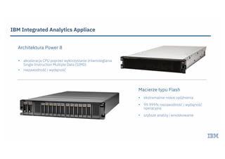IBM Integrated Analytics Appliace
• ekstremalnie niskie opóźnienia
• 99.999% niezawodność i wydajność
operacyjna
• szybsze analizy i wnioskowanie
Macierze typu Flash
• akceleracja CPU poprzez wykorzystanie zrównoleglania
Single Instruction Multiple Data (SIMD)
• niezawodność i wydajność
Architektura Power 8
 