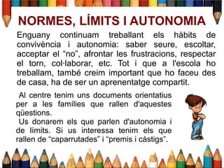 NORMES, LÍMITS I AUTONOMIA
Enguany continuam treballant els hàbits de
convivència i autonomia: saber seure, escoltar,
acceptar el “no”, afrontar les frustracions, respectar
el torn, col·laborar, etc. Tot i que a l'escola ho
treballam, també creim important que ho faceu des
de casa, ha de ser un aprenentatge compartit.
Al centre tenim uns documents orientatius
per a les famílies que rallen d'aquestes
qüestions.
Us donarem els que parlen d'autonomia i
de límits. Si us interessa tenim els que
rallen de “caparrutades” i “premis i càstigs”.
 