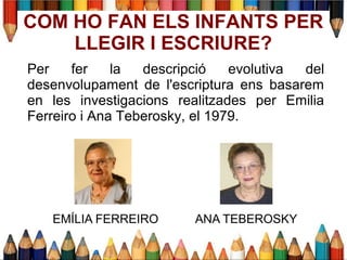COM HO FAN ELS INFANTS PER
LLEGIR I ESCRIURE?
Per fer la descripció evolutiva del
desenvolupament de l'escriptura ens basarem
en les investigacions realitzades per Emilia
Ferreiro i Ana Teberosky, el 1979.
EMÍLIA FERREIRO ANA TEBEROSKY
 