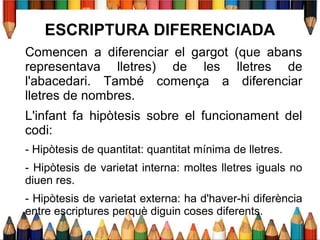ESCRIPTURA DIFERENCIADA
Comencen a diferenciar el gargot (que abans
representava lletres) de les lletres de
l'abacedari. També comença a diferenciar
lletres de nombres.
L'infant fa hipòtesis sobre el funcionament del
codi:
- Hipòtesis de quantitat: quantitat mínima de lletres.
- Hipòtesis de varietat interna: moltes lletres iguals no
diuen res.
- Hipòtesis de varietat externa: ha d'haver-hi diferència
entre escriptures perquè diguin coses diferents.
 