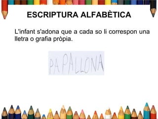 ESCRIPTURA ALFABÈTICA
L'infant s'adona que a cada so li correspon una
lletra o grafia pròpia.
 