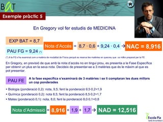 Exemple pràctic 5

                            En Gregory vol fer estudis de MEDICINA

    EXP BAT = 8,7
                                       Nota d’Accés = 8,7 · 0,6 + 9,24 · 0,4  NAC                                                    = 8,916
  PAU FG = 9,24 (*)
 (*) A la FG s’ha examinat com a matèria de modalitat de Física perquè es reserva les matèries en quecreu que va millor preparat per la FE

 En Gregory, en previsió de que amb la nota d’accés no en tingui prou, es presenta a la Fase Específica
 per obtenir un plus en la seva nota. Decideix de presentar-se a 3 matèries que és le màxim al que es
 pot presentar.

                       A la fase específica s’examinarà de 3 matèries i se li comptaran les dues millors
   PAU FE              un cop ponderades

  Biologia (ponderació 0,2): nota, 9,5; fent la ponderació 9,5·0,2=1,9
  Química (ponderació 0,2): nota 8,5; fent la ponderació 8,5·0,2=1,7
  Mates (ponderació 0,1): nota, 8,0; fent la ponderació 8,0·0,1=0,8


       Nota d’Admissió = 8,916 + 1,9 + 1,7                                                 NAD = 12,516
 