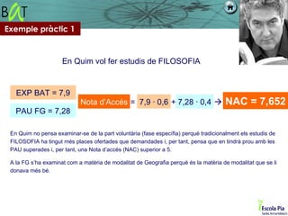 Exemple pràctic 1



                     En Quim vol fer estudis de FILOSOFIA


   EXP BAT = 7,9
                            Nota d’Accés = 7,9 · 0,6 + 7,28 · 0,4                    NAC = 7,652
   PAU FG = 7,28

 En Quim no pensa examinar-se de la part voluntària (fase específia) perquè tradicionalment els estudis de
 FILOSOFIA ha tingut més places ofertades que demandades i, per tant, pensa que en tindrà prou amb les
 PAU superades i, per tant, una Nota d’accés (NAC) superior a 5.

 A la FG s’ha examinat com a matèria de modalitat de Geografia perquè és la matèria de modalitat que se li
 donava més bé.
 