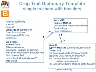 Crop Trait Dictionary Template
simple to share with breeders
Name of submitting
scientist
Institution
Language of submissi...