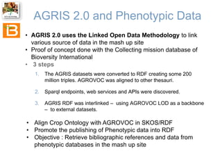 AGRIS 2.0 and Phenotypic Data
• AGRIS 2.0 uses the Linked Open Data Methodology to link
various source of data in the mash...