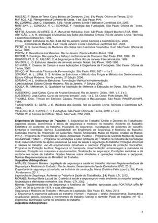 13
MASSAD, F. Obras de Terra: Curso Básico de Geotecnia. 2.ed. São Paulo: Oficina de Textos, 2010.
MATTOS, A.D. Planejamento e Controle de Obras. 1.ed. São Paulo: PINI.
MC CORMAC, Jack C. Topografia. 5.ed. Rio de Janeiro: Livros Técnicos e Científicos S/A, 2007.
MIITITSKY, J.; CONSOLI, N. C.; SCHNAID, F. Patologia das Fundações. São Paulo: Oficina de Textos,
2005.
NETTO, Azevedo; ALVAREZ, G. A. Manual de Hidráulica. 8.ed. São Paulo: Edgard Blucher LTDA, 1998.
ORTIGÃO, J. A. R. Introdução à Mecânica dos Solos dos Estados Críticos. Rio de Janeiro: Livros Técnicos
e Científicos Editora S/A, 1993.
PFEIL, Walter. Estruturas de Aço. 8.ed. Rio de Janeiro: Livros Técnicos e Científicos S/A., 2009.
______. Estruturas de Madeira. 6.ed. Rio de Janeiro: Livros Técnicos e Científicos S/A., 2003.
PINTO, C. S. Curso Básico de Mecânica dos Solos com Exercícios Resolvidos. 3.ed. São Paulo: Oficina de
textos, 2006.
POPOV, E. Resistência dos Materiais. Rio de Janeiro: Prentice-Hall do Brasil, 1984.
RIPPER, T. Patologia, Recuperação e Reforço de Estruturas de Concreto. São Paulo: PINI, 1998. 29
ROUSSELET, E. S.; FALCÃO, C. A Segurança na Obra. Rio de Janeiro: InterciênciaLtda, 1999.
SANTOS, E., G. Estrutura: desenho de concreto armado. Nobel. São Paulo, 1985-1986.
SCHNAID, F. Ensaios de Campo e suas Aplicações à Engenharia de Fundações. São Paulo: Oficina de
Textos, 2000.
SENÇO, W. Manual de Técnicas de Pavimentação. São Paulo: PINI, 2001. v.1 e 2.
SORIANO, H. L.; LIMA, S. S. Análise de Estruturas – Método das Forças e Método dos Deslocamentos.
Editora Ciência Moderna. Rio de Janeiro. 2ª Edição. 2006.
SORIANO, H. L. Análise de Estruturas: Formulação Matricial e Implementação
Computacional. Editora Ciência Moderna. Rio de Janeiro. 1ª Edição. 2005.
SOUZA, R.; Mekbekian, G. Qualidade na Aquisição de Materiais e Execução de Obras. São Paulo: PINI,
2002.
SUSSEKIND, José Carlos. Curso de Análise Estrutural. Rio de Janeiro: Globo, 1981. v.1, 2 e 3.
SUSSEKIND, José Carlos. Curso de concreto armado”, vols. 1.e 2, Ed. Globo, Porto Alegre, RS
THOMAZ, Ercio. Trincas em Edifícios: Causas, Prevenção e Recuperação. São Paulo: PINI/EPUSP/IPT,
1989.
TIMOSHENKO, S.; GERE, J. E. Mecânica dos Sólidos. Rio de Janeiro: Livros Técnicos e Científicos S/A,
1994.
VELLOSO, D. A.; LOPES, F. R. Fundações. São Paulo: Oficina de Textos, 2010. v.1 e 2.
YAZIGI, W. A Técnica de Edificar. 10.ed. São Paulo: PINI, 2009.
Engenheiro de Segurança do Trabalho: 1. Segurança do Trabalho: Direito e Deveres do Trabalhador;
Aspectos sociais, econômicos e éticos da segurança e medicina do trabalho; Acidente do Trabalho;
Estatística de acidentes do trabalho; Inspeções de segurança; Investigação de acidentes do trabalho;
Embargo e Interdição; Serviço Especializado em Engenharia de Segurança e Medicina do Trabalho;
Comissão Interna de Prevenção de Acidentes; Riscos Ambientais; Mapa de Riscos; Análise de Riscos;
PPRA - Programa de Prevenção de Riscos Ambientais; PCMSO – Programa de Controle Médico de Saúde
Ocupacional; PCMAT – Programa de Condições e Meio Ambiente do Trabalho na Indústria da Construção
Civil; Desenvolvimento de ações educativas na área de saúde e segurança do trabalho; Proteção individual
e coletiva no trabalho: uso de equipamentos individuais e coletivos; Programa de proteção respiratória;
Programa de Proteção Auditiva; Segurança no transporte, movimentação, armazenagem e manuseio de
materiais; Proteção em máquinas e equipamentos; Sinalização de segurança; Condições sanitárias e de
conforto nos locais de trabalho; Noções básicas sobre atividades e operações insalubres e perigosas;
Normas Regulamentadoras do Ministério do Trabalho.
Sugestões Bibliográficas:
ARAÚJO, Giovanni Moraes. Legislação de segurança e saúde no trabalho: Normas Regulamentadoras de
Segurança e Medicina do Trabalho. Rio de Janeiro: Gerenciamento Verde Consultoria- GVC, 2012.
Engenharia de segurança do trabalho na indústria da construção. Maria Christina Felix (coord.). São Paulo
:Fundacentro, 2011.
Legislação de Segurança, Acidente do Trabalho e Saúde do Trabalhador. São Paulo: LTr, 2012.
MORAES, Monica Maria Lauzid de. O direito à saúde e segurança no meio ambiente do trabalho proteção,
fiscalização e efetividade normativa. São Paulo : LTr, 2002.
Normas Regulamentadoras de Segurança e Medicina do Trabalho, aprovadas pela PORTARIA MTb Nº
3.214, de 08 de junho de 1978, e suas alterações. .
Segurança e Medicina do Trabalho - Manuais de Legislação. São Paulo: Ed. Atlas, 2013.
2. Ergonomia:A ergonomia aplicada ao trabalho; Homem – máquina – tarefa; Antropometria; Biomecânica
ocupacional: gestos, posturas e movimentos de trabalho; Manejo e controle; Posto de trabalho; NR 17 –
ergonomia; Iluminação; Cores no ambiente de trabalho.
Sugestões Bibliográficas:
 