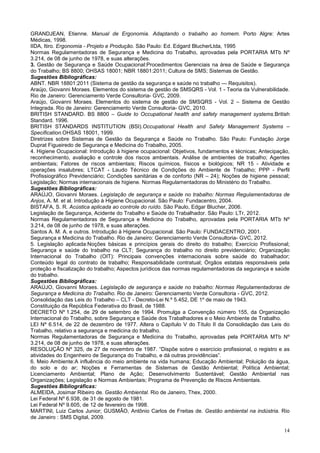 14
GRANDJEAN, Etienne. Manual de Ergonomia. Adaptando o trabalho ao homem. Porto Algre: Artes
Médicas, 1998.
IIDA, Itiro. Ergonomia - Projeto e Produção. São Paulo: Ed. Edgard BlucherLtda, 1995
Normas Regulamentadoras de Segurança e Medicina do Trabalho, aprovadas pela PORTARIA MTb Nº
3.214, de 08 de junho de 1978, e suas alterações.
3. Gestão de Segurança e Saúde Ocupacional:Procedimentos Gerenciais na área de Saúde e Segurança
do Trabalho; BS 8800; OHSAS 18001; NBR 18801:2011; Cultura de SMS; Sistemas de Gestão.
Sugestões Bibliográficas:
ABNT. NBR 18801:2011 (Sistema de gestão da segurança e saúde no trabalho — Requisitos).
Araújo, Giovanni Moraes. Elementos do sistema de gestão de SMSQRS - Vol. 1 - Teoria da Vulnerabilidade.
Rio de Janeiro: Gerenciamento Verde Consultoria- GVC, 2009.
Araújo, Giovanni Moraes. Elementos do sistema de gestão de SMSQRS - Vol. 2 – Sistema de Gestão
Integrada. Rio de Janeiro: Gerenciamento Verde Consultoria- GVC, 2010.
BRITISH STANDARD. BS 8800 – Guide to Occupational health and safety management systems.British
Standard. 1996.
BRITISH STANDARDS INSTITUTION (BSI).Occupational Health and Safety Management Systems –
Specification.OHSAS 18001, 1999.
Diretrizes sobre Sistemas de Gestão da Segurança e Saúde no Trabalho. São Paulo: Fundação Jorge
Duprat Figueiredo de Segurança e Medicina do Trabalho, 2005.
4. Higiene Ocupacional: Introdução à higiene ocupacional: Objetivos, fundamentos e técnicas; Antecipação,
reconhecimento, avaliação e controle dos riscos ambientais. Análise de ambientes de trabalho; Agentes
ambientais; Fatores de riscos ambientais; Riscos químicos, físicos e biológicos; NR 15 - Atividade e
operações insalubres; LTCAT - Laudo Técnico de Condições do Ambiente de Trabalho; PPP - Perfil
Profissiográfico Previdenciário; Condições sanitárias e de conforto (NR – 24); Noções de higiene pessoal;
Legislação; Normas internacionais de higiene. Normas Regulamentadoras do Ministério do Trabalho.
Sugestões Bibliográficas:
ARAÚJO, Giovanni Moraes. Legislação de segurança e saúde no trabalho: Normas Regulamentadoras de
Anjos, A. M. et al. Introdução à Higiene Ocupacional. São Paulo: Fundacentro, 2004.
BISTAFA, S. R. Acústica aplicada ao controle do ruído. São Paulo, Edgar Blucher, 2006.
Legislação de Segurança, Acidente do Trabalho e Saúde do Trabalhador. São Paulo: LTr, 2012.
Normas Regulamentadoras de Segurança e Medicina do Trabalho, aprovadas pela PORTARIA MTb Nº
3.214, de 08 de junho de 1978, e suas alterações.
Santos A. M. A. e outros. Introdução à Higiene Ocupacional. São Paulo: FUNDACENTRO, 2001.
Segurança e Medicina do Trabalho. Rio de Janeiro: Gerenciamento Verde Consultoria- GVC, 2012.
5. Legislação aplicada:Noções básicas e princípios gerais do direito do trabalho; Exercício Profissional;
Segurança e saúde do trabalho na CLT; Segurança do trabalho no direito previdenciário; Organização
Internacional do Trabalho (OIT): Principais convenções internacionais sobre saúde do trabalhador;
Conteúdo legal do contrato de trabalho; Responsabilidade contratual; Órgãos estatais responsáveis pela
proteção e fiscalização do trabalho; Aspectos jurídicos das normas regulamentadoras da segurança e saúde
do trabalho.
Sugestões Bibliográficas:
ARAÚJO, Giovanni Moraes. Legislação de segurança e saúde no trabalho: Normas Regulamentadoras de
Segurança e Medicina do Trabalho. Rio de Janeiro: Gerenciamento Verde Consultoria - GVC, 2012.
Consolidação das Leis do Trabalho – CLT - Decreto-Lei N.º 5.452, DE 1º de maio de 1943.
Constituição da República Federativa do Brasil, de 1988.
DECRETO Nº 1.254, de 29 de setembro de 1994. Promulga a Convenção número 155, da Organização
Internacional do Trabalho, sobre Segurança e Saúde dos Trabalhadores e o Meio Ambiente de Trabalho.
LEI Nº 6.514, de 22 de dezembro de 1977. Altera o Capítulo V do Título II da Consolidação das Leis do
Trabalho, relativo a segurança e medicina do trabalho.
Normas Regulamentadoras de Segurança e Medicina do Trabalho, aprovadas pela PORTARIA MTb Nº
3.214, de 08 de junho de 1978, e suas alterações.
RESOLUÇÃO Nº 325, de 27 de novembro de 1987. “Dispõe sobre o exercício profissional, o registro e as
atividades do Engenheiro de Segurança do Trabalho, e dá outras providências”.
6. Meio Ambiente:A influência do meio ambiente na vida humana; Educação Ambiental; Poluição da água,
do solo e do ar; Noções e Ferramentas de Sistemas de Gestão Ambiental; Política Ambiental;
Licenciamento Ambiental; Plano de Ação; Desenvolvimento Sustentável; Gestão Ambiental nas
Organizações; Legislação e Normas Ambientais; Programa de Prevenção de Riscos Ambientais.
Sugestões Bibliográficas:
ALMEIDA, Josimar Ribeiro de. Gestão Ambiental. Rio de Janeiro, Thex, 2000.
Lei Federal Nº 6.938, de 31 de agosto de 1981.
Lei Federal Nº 9.605, de 12 de fevereiro de 1998.
MARTINI, Luiz Carlos Junior; GUSMÃO, Antônio Carlos de Freitas de. Gestão ambiental na indústria. Rio
de Janeiro : SMS Digital, 2009.
 