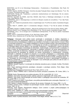 19
BARATIERI, Luiz N./ et al. Odontologia Restauradora - Fundamentos e Possibilidades. São Paulo: Ed
Santos, 2003.
COHEN, Stephen; BURNS, Richard C. Caminhos da polpa.Tradução Edson Jorge Lima Moreira. 7ª ed . Rio
de Janeiro: Guanabara Koogan, 2000.
FONTOURA, Renato Aló. Terapêutica e protocolos medicamentosos em Odontologia. Rio de Janeiro:
Editora Napoleão, 2013.
FREITAS, Aguinaldo de; ROSA, José Edu; SOUZA, Icleo Faria e. Radiologia odontológica. 6. ed. São
Paulo: Artes Médicas, 2004.
GUIMARÃES, Jayro Jr. Biossegurança e controle de infecção cruzada em consultórios. 1ª ed. São Paulo:
Ed Santos, 2001.
LINDHE, Jan. Tratado de periodontia clínica e implantologia oral. 4ª ed Rio de Janeiro: Guanabara Koogan,
2005.
LOPES, Helio P.; JUNIOR, José F. S. Endodontia. Biologia e Técnica. 1ª ed. Rio de Janeiro: Ed Medsi,
1999
MALAMED, Stanley F; QUINN, Christine L. Manual de anestesia local. 5ª ed. Rio de Janeiro: Mosby, 2005
NEVILLE, Brad W. et al. Patologia Oral e Maxilafacial. 2ª ed . Rio de Janeiro: Guanabara Koogan, 2004.
PETERSON, Larry J. et al. Cirurgia oral e maxilofacial contemporânea. 3ª ed. Rio de Janeiro: Guanabara
Koogan, 2000.
PINTO, Victor G. Saúde Bucal Coletiva. 4ª ed. São Paulo: Santos, 2000.
SICHER, Harry. Anatomia oral. 8ª ed São Paulo: Artes Médicas, 1991.
Pedagogo: 1.Educação como prática social; aculturação e socialização; 2. Análise, diagnóstico e
encaminhamento das necessidades educativas dos sujeitos e do processo de ensino e aprendizagem;
referenciais teórico-metodológicos e didáticos que subsidiam a formação e a ação docente no ensino médio
e na educação profissional;; 3. O trabalho pedagógico no âmbito da gestão escolar e das especificidades do
pedagogo, no cotidiano da escola pública; 4. Concepções de currículo e a organização do currículo escolar
da Educação Básica (Ensino Médio) e da Educação Profissional; 5. Planejamento e planos educativos;
projeto político pedagógico (metodologia de elaboração, implementação, acompanhamento e avaliação); 6.
teoria e prática de acompanhamento, intervenção e avaliação individual e de grupo (gerenciamento de
conflitos, composição de lideranças, integração, processos de avaliação) com alunos e ou professores; 7-
desenvolvimento de estratégias de trabalhos em equipe interdisciplinar e multidisciplinar; concepção,
elaboração e realização de projetos de pesquisa; 8- as escolas pedagógicas e a organização escolar
(currículo, avaliação, planejamento); concepções epistemológicas de aprendizagem; 9- ações afirmativas;
educação inclusiva - democratização do acesso e garantia da permanência escolar; pedagogia Queer; 10-
as Tecnologias de Comunicação e Informação e o processo de ensino e aprendizagem (modalidade a
distância e presencial); 11- a psicologia da educação e sua contribuição para prática de sala de aula e o
acompanhamento a professores e alunos;
Sugestões Bibliográficas:
ALMEIDA, Geraldo Peçanha. A construção de ambientes educativos para a inclusão. Curitiba. Pró-infantil.
2008 (10, 11)
COLL Cesar etali.Desenvolvimento psicológico: educação e psicologia evolutiva. Porto Alegre. Artes
Médicas, 1995, v. 1. (13)
FREIRE,Paulo.Pedagogia da Autonomia,ed. Paz e Terra. 2011(1, 3, 14)
GADOTTI, Moacir. ROMÃO José e. Autonomia da Escola: princípios e propósitos. SP. Cortez. 2000. (1 a
10)
GANDIM, Danilo. Planejamento como prática educativa. SP, Ed. Loyola.2002. (6, 7, 8, 9)
LIBÂNEO, José Carlos. Educação escolar: políticas, estrutura e organização. SP, Cortez, 2003
LIBÂNEO, José Carlos. Democratização da Escola Pública: a pedagogia crítico-social dos conteúdos. SP.
Ed. Loyola.1990. (1, 2, 3, 4, 6)
LOPES, Guacira Louro (2001). Teoria Queer- uma política pós-identitária para a educação, Disponível: htp://
www.scielo.br/pdf/ref/v9n2/8639.pd.
LÜCK, Heloísa. A Gestão Participativa na Escola. Rio de Janeiro. Petrópolis: Ed. Vozes, 2009. (1 a 10)
LUCKESI, Cipriano Carlos. Avaliação da aprendizagem escolar: estudos e proposições. 9.ed. São Paulo:
Cortez, 1999. (9, 10)
PADILHA, Paulo Roberto. Planejamento dialógico. Como construir o projeto político-pedagógico da
escola.SP, Cortez. 2001 ( 4, 6, 7 8)
SOFFA, M.M.; TORRES, P.L. (2009). O processo ensino-aprendizagem mediado pelas
tecnologias da informação e comunicação na formação de professores on-line. IX
Congresso Nacional de Educação. Disponível:
http://www.pucpr.br/eventos/educere/educere2009/anais/pdf/3285_1440.pdf
ZABALA, Antoni. A prática educativa: como ensinar. Porto Alegre. Artmed. 1998. (4, 5, 6, 7, 8)
 