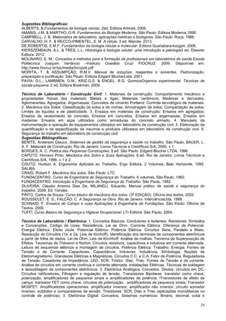 29
Sugestões Bibliográficas:
ALBERTS, B.Fundamentos da biologia celular. 2ed, Editora Artmed, 2006.
AMABIS, J.M. & MARTHO, G.R. Fundamentos da Biologia Moderna. São Paulo: Editora Moderna,1998.
CAMPBELL, J. B. Matemática de laboratório: aplicações médicas e biológicas. São Paulo: Roca, 1986.
CARVALHO, H. F. & RECCO-PIMENTEL, S. M .A célula. 3 ed. Manole. 2013.
DE ROBERTIS, E.M.F. Fundamentos da biologia celular e molecular. Editora Guanabara-koogan, 2006.
KIERSZENBAUN, A.L. & TRES, L.L. Histologia e biologia celular: uma introdução a patologia3 ed. Elsevier
Editora. 2012.
MOLINARO, E. M.. Conceitos e métodos para a formação de profissionais em laboratórios de saúde.Escola
Politécnica Joaquim Venâncio –Instituto Oswaldo Cruz/ FIOCRUZ. 2009. Disponível em:
http://www.fiocruz.br/ioc/media/livropoli.pdf
MORITA, T. & ASSUMPÇÃO, R.M.V. Manual de soluções, reagentes e solventes. Padronização,
preparação e purificação. São Paulo: Editora Edgard BlucherLtda; 2001.
PAVIA. D.L.; LAMBMEN, G.M.; KRIZ,G.S. & ENGEL, R.G. QuimicaOrganica experimental: Técnicas de
escala pequena. 2 ed. Editora Bookman, 2009.
Técnico de Laboratório / Construção Civil: 1. Materiais de construção: Comportamento mecânico e
propriedades físicas dos materiais; Metais e ligas; Materiais cerâmicos; Madeiras e derivados;
Aglomerantes; Agregados; Argamassas; Concretos de cimento Portland; Controle tecnológico de materiais.
2. Mecânica dos Solos: Classificação de solos e de rochas; Amostragem de solos; Compactação de solos;
Limites de liquidez e de plasticidade. 3. Ensaios em materiais de construção: Ensaios em agregados;
Ensaios de recebimento do concreto; Ensaios em concretos; Ensaios em argamassas; Ensaios em
madeiras; Ensaios em aços utilizados como armaduras do concreto armado. 4. Manuseio da
instrumentação e operação de equipamentos utilizados em laboratório de construção civil. 5. Elaboração da
quantificação e da especificação de insumos e produtos utilizados em laboratório de construção civil. 6.
Segurança do trabalho em laboratório de construção civil.
Sugestões Bibliográficas:
BENITE, Anderson Glauco .Sistemas de gestão da segurança e saúde no trabalho. São Paulo: BAUER, L.
A. F. Materiais de Construção. Rio de Janeiro: Livros Técnicos e Científicos S/A, 2005. v.1.
BORGES, A. C. Prática das Pequenas Construções. 9.ed. São Paulo: Edgard Blucher LTDA, 1996.
CAPUTO, Homero Pinto. Mecânica dos Solos e Suas Aplicações. 6.ed. Rio de Janeiro: Livros Técnicos e
Científicos S/A, 1996. v.1 e 2.
COUTO, Hudson A, Ergonomia Aplicada ao Trabalho, Ergo Editora, 2 Volumes, Belo Horizonte, 1995.
SALIBA,
CRAIG, Robert F. Mecânica dos solos. São Paulo: LTC.
FUNDACENTRO. Curso de Engenharia de Segurança do Trabalho. 6 volumes, São Paulo, 1982.
FUNDACENTRO. Introdução à Engenharia de Segurança do Trabalho. São Paulo, 1982.
OLIVEIRA, Cláudio Antonio Dias De; MILANELI, Eduardo. Manual prático de saúde e segurança do
trabalho. 2009. Ed. Yendes.
PINTO, Carlos de Sousa. Curso básico de mecânica dos solos. (3ª EDIÇÃO). Oficina dos textos, 2002
ROUSSELET, E. S.; FALCÃO, C. A Segurança na Obra. Rio de Janeiro: InterciênciaLtda, 1999.
SCHNAID, F. Ensaios de Campo e suas Aplicações à Engenharia de Fundações. São Paulo: Oficina de
Textos, 2000.
TUFFI, Curso Básico de Segurança e Higiene Ocupacional, LTr Editora, São Paulo, 2004.
Técnico de Laboratório / Eletrônica: 1. Conceitos Básicos. Condutores e Isolantes. Resistores. Símbolos
e Convenções. Código de cores. Resistência. Lei de Ohm. Corrente Elétrica. Diferença de Potencial.
Energia Elétrica. Efeito Joule. Potencial Elétrico. Potência Elétrica. Circuitos Série, Paralelo e Misto.
Resolução de Circuitos (1a. e 2a. Leis de Kirchoff). Identificação dos terminais de componentes eletrônicos
a partir de folha de dados. Lei de Ohm. Leis de Kirchhoff. Análise de malhas. Teorema da Superposição de
Efeitos. Teoremas de Thévenin e Norton. Circuitos resistivos, capacitivos e indutivos em corrente alternada.
Leitura de esquemas elétricos e montagem de circuitos. Potência Elétrica. Trabalho. Energia. Fontes de
Tensão e de Corrente. Capacitores. Capacitância. Indutores. Indutância. Simbologia. Noções de
Eletromagnetismo. Grandezas Elétricas e Magnéticas. Circuitos C.C. e C.A. Fator de Potência. Reguladores
de Tensão. Casadores de Impedância. LED. SCR. Tiristor. Diac. Triac. Fontes de Tensão e de corrente.
Análise de circuitos em corrente contínua e corrente alternada. Instalações Elétricas. Técnicas de soldagem
e dessoldagem de componentes eletrônicos. 2. Eletrônica Analógica: Conceitos. Diodos: circuitos em DC;
Circuitos retificadores; Filtragem e regulação de tensão. Transistores Bipolares: transistor como chave;
polarização, amplificadores de pequenos sinais e amplificadores de potência. tTransistores de efeito de
campo: transistor FET como chave, circuitos de polarização, amplificadores de pequenos sinais; Transistor
MOSFET. Amplificadores operacionais: amplificador inversor, amplificador não inversor, circuito somador
inversor, subtrator e comparadores de tensão. Tirisistores: SCR, Diac e Triac (aplicações monofásicas no
controle de potência). 3. Eletrônica Digital: Conceitos. Sistemas numéricos: Binário, decimal, octal e
 
