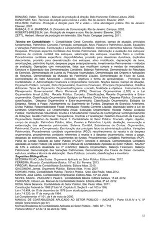 32
BONASIO, Valter. Televisão – Manual de produção & direção. Belo Horizonte: Editora Leitura, 2002.
DANCYGER, Ken. Técnicas de edição para cinema e vídeo. Rio de Janeiro: Elsevier, 2007.
KELLISON, Cathrine. Produção e direção para TV e vídeo – Uma abordagem prática. Rio de Janeiro:
Elsevier, 2007.
RABAÇA, C. A.; BARBOSA, G. Dicionário de Comunicação. Rio de Janeiro: Campus, 2002.
ROBERTS-BRESSLIN, Jan. Produção de imagem e som. Rio de Janeiro: Elsevier, 2009.
ZETTL, Herbert. Manual de produção em televisão. São Paulo: Cengage Learning, 2011.
Técnico em Contabilidade: 1. Contabilidade Geral: Conceito, objetivos, campo de atuação, princípios
fundamentais. Patrimônio: Conceito, Formação, composição, Ativo, Passivo e Patrimônio Líquido, Equações
e Variações Patrimoniais. Escrituração e Lançamentos Contábeis: métodos e elementos básicos. Receitas,
Despesas. Principais aspectos Contábeis das Contas Patrimoniais. Valorização e avaliação dos estoques:
sistemas de controle contábil dos estoques, valorização dos estoques, inventário físico e controle.
Procedimentos contábeis específicos: disponibilidades, provisão para devedores duvidosos, duplicatas
descontadas, provisão para desvalorização dos estoques, ativo imobilizado, depreciação de bens,
amortizações, patrimônio líquido, despesas pagas antecipadamente, Investimentos Permanentes – métodos
de avaliação, Operações com mercadorias, fatos que modificam compra e vendas de mercadorias.
Estrutura e Elaboração das Demonstrações Contábeis: Balanço Patrimonial, Demonstração do Resultado
do Exercício, Demonstração de Lucros ou Prejuízos Acumulados, Demonstração das Origens e Aplicações
de Recursos, Demonstração da Mutação do Patrimônio Líquido, Demonstração do Fluxo de Caixa,
Demonstração do Valor Adicionado - conceitos, objetivos e forma de apresentação. , Princípios de
Contabilidade. 2. Administração Financeira e Orçamentária: Conceito, Noções Gerais, Campo de Atuação.
Orçamento Público: conceito, Ciclo Orçamentário, Exercício Financeiro, Princípios Orçamentários, Créditos
Adicionais. Tipos de Orçamento. Orçamento-Programa: conceito, finalidade e objetivos. Instrumentos de
Planejamento Governamental: Plano Plurianual (PPA), Diretrizes Orçamentárias (LDO) e a Lei
Orçamentária Anual (LOA). Receita Pública: Conceito, Classificações, Receita Orçamentária e Extra-
orçamentária. Classificação Orçamentária. Estágios da Receita. Divida Ativa. Despesa Pública: Conceito e
classificações. Despesa Orçamentária e Extra-orçamentária. Classificação Orçamentária. Estágios da
Despesa. Restos a Pagar. Adiantamento ou Suprimento de Fundos. Despesas de Exercício Anteriores.
Dívida Pública. Responsabilidade Fiscal: Introdução; Receita Corrente Líquida; disposição sobre a Lei de
Diretrizes Orçamentária; Lei Orçamentária Anual; Execução Orçamentária; Receita Pública; Despesa
Pública; Transferências Voluntárias; Dívida e Endividamento; Reserva de Contingência; Contingenciamento
de Dotações; Gestão Patrimonial; Transparência, Controle e Fiscalização; Relatório Resumido da Execução
Orçamentária; Relatório da Gestão Fiscal. 3. Contabilidade do Setor Público: Conceito, objeto, objetivo,
campo de atuação. Patrimônio Público, Ativo, Passivo e Patrimônio Líquido. Avaliação, mensuração e
evidenciação dos elementos patrimoniais. Sistema Contábil, Subsistemas de Contas: Orçamentário,
Patrimonial, Custos e Compensado. Escrituração dos principais fatos da administração pública. Variações
Patrimoniais. Procedimentos contábeis orçamentários (PCO): reconhecimento da receita e da despesa
orçamentária, procedimentos contábeis referentes à receita e à despesa orçamentária, restos a pagar,
despesas de exercícios anteriores, suprimentos de fundos. Procedimentos Contábeis Patrimoniais (PCP).
Plano de Contas Aplicado ao Setor Público (PCASP): conceito e estrutura. Demonstrações Contábeis
aplicadas ao Setor Público (de acordo com o Manual de Contabilidade Aplicada ao Setor Público - MCASP
da STN e estrutura atualizada Lei nº 4.320/64): Balanço Orçamentário, Balanço Financeiro, Balanço
Patrimonial, Demonstração das Variações Patrimoniais, Demonstração dos Fluxos de Caixa: conceitos,
estrutura, análise e técnica de elaboração. Bens Públicos: conceito, classificações e inventário.
Sugestões Bibliográficas:
BEZERRA FILHO, João Eudes. Orçamento Aplicado ao Setor Público. Editora Atlas. 2012.
FERREIRA, Ricardo. Contabilidade Básica. 10ª ed. Ed. Ferreira. 2013.
FIPECAFI. Manual de Contabilidade Societária. Editora Atlas. 2010.
GIACOMONI, James. Orçamento Público. Editora Atlas. 14 ed. 2007
KOHAMA, Heilio. Contabilidade Pública. Teoria e Prática. 12ed. São Paulo. Atlas.2012.
MARION, José Carlos. Contabilidade Empresarial. Editora Atlas. 10ª ed. 2003
NEVES, Silvério . VICECONTI, Paulo E. Contabilidade Básica. Editora Saraiva. 15 ed. 2012.
PADOVEZE, Clóvis Luis. Manual de Contabilidade Básica. Editora Atlas. 8ª ed. 2012.
ROSA, Maria Berenice. Contabilidade do Setor Público. São Paulo: Atlas, 2011.
Constituição Federal de 1988 (Título VI, Capítulo II, Seção II – art 163 a 169).
Lei n.º 6.404, de 15 de dezembro de 1976 (com atualizações posteriores)
Lei n.º 4.320, de 17 de março de 1964.
Lei Complementar nº 101, de 4 de maio de 2000.
MANUAL DE CONTABILIDADE APLICADO AO SETOR PÚBLICO – (MCASP) - Parte I,II,III.IV e V, 5ª
edição (www.tesouro.gov.br)
Normas Brasileiras de Contabilidade Aplicada ao Setor Público – NBC SP – T16
Portaria MOG nº 42 de 14 de abril de 1999.
 