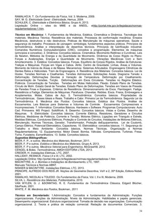 34
RAMALHO,N. T. Os Fundamentos da Física, Vol. 3. Moderna, 2009.
SAY, M. G. Eletricidade Geral - Eletricidade, Hemus, 2004.
SCHULER, C. Eletricidade e Eletrônica Básica, Grupo A, 2013.
Legislação Online – sites do MME e da ANEEL. ehttp://portal.mte.gov.br/legislacao/normas-
regulamentadoras-1.htm.
Técnico em Mecânica: 1. Fundamentos da Mecânica, Estática, Cinemática e Dinâmica. Tecnologia dos
materiais. Mecânica Técnica. Resistência dos materiais. Processos de conformação mecânica. Ensaios
Mecânicos, destrutivos e não destrutivos. Práticas de Manutenção de máquinas operatrizes. Saúde e
segurança do trabalho. Processos de usinagem: simbologia, fundamentos aspectos práticos. Princípios de
termodinâmica. Análise e interpretação de desenhos técnicos. Princípios de lubrificação industrial.
Comandos Numéricos Computadorizados (CNC), conceitos e programação. Elementos de máquinas
(princípios e conceitos). 2. Dinâmica: Conceitos básicos. Cinemática. Movimento Retilíneo e Curvilíneo. Leis
de Newton, Métodos da Energia e da Quantidade de Movimento. Dinâmica de Corpo Rígido no Plano:
Forças e Acelerações, Energia e Quantidade de Movimento. Vibrações Mecânicas Com e Sem
Amortecimento. 3. Estática: Conceitos básicos. Forças. Equilíbrio de Corpos Rígidos. Análise de Estruturas:
Treliças e Máquinas. Forças em Vigas e Cabos. Atrito. Centro de Gravidade: Linhas, Áreas e Volumes.
Momento de Inércia de Áreas e de Massa. Mecanismos: Sistemas Articulados. Engrenagens Cilíndricas de
Dentes Retos e Helicoidais. Trem de Engrenagens. 4. Resistência dos Materiais: Conceitos básicos. Lei de
Hooke. Tensões Normais e Cisalhantes. Tensões Admissíveis. Solicitações Axiais. Diagrama Tensão x
Deformação. Deformações Devidas à Variação de Temperatura. Deformação por Cisalhamento.
Concentração de Tensões. Torção. Deformações em Eixos Circulares. Tensões no Regime Elástico.
Potência. Concentração de Tensões. Tensões em Molas Helicoidais. Flexão. Estado Plano de Tensões.
Círculo de Mohr. Estado Geral de Tensões. Estado Plano de Deformações. Tensões em Vasos de Pressão
de Paredes Finas e Espessas. Critérios de Resistência. Dimensionamento de Eixos. Flambagem. Fadiga.
Resistência a Fadiga. Elementos de Máquinas: Parafusos. Chavetas. Rebites. Eixos. Freios, Embreagens e
Acoplamentos. Molas. Cabos de Aço. 5. Termodinâmica: Conceitos básicos. Propriedades da
Termodinâmicas. Gases Ideais e Reais. Trabalho e Calor. Primeira Lei da Termodinâmica. Segunda Lei da
Termodinâmica. 6. Mecânica dos Fluidos: Conceitos básicos. Estática dos Fluidos. Análise de
Escoamentos. Leis Básicas para Sistemas e Volumes de Controle. Escoamentos Compressíveis e
Incompressíveis. 7. Informática: Conceitos Básicos. Hardware x Software. Programas Computacionais: Auto
Cad. Primavera. MS Project. SolidWork. 8. Desenho: Conceitos básicos. Vistas e Cortes. Desenho de
Maquinas. 9. Eletricidade: Conceitos básicos. Corrente Elétrica, Resistores, Geradores e Circuitos
Elétricos. Medidores de Potência, Corrente e Tensão; Motores Elétrico, Ligações em Triangulo e Estrela,
Medidas Elétricas, Condutores Elétricos, Proteção e Controle de Circuitos, Instalações de Motores Elétricos,
Manutenção, Normas Técnicas, Gerador, Transformador, Proteção deEquipamentos. Lei de Coulomb,
Campo Elétrico, Potencial Eletrostático, Capacitores. 10. Eletrostática: conceitos básicos. 11. Segurança do
Trabalho e Meio Ambiente: Conceitos básicos, Normas Técnicas. Organização e Normas
Regulamentadoras. 12. Equipamentos: Motor Diesel. Bomba. Válvulas. Compressores. Turbinas. Fresa.
Torno. Furadeira. Esmerilhadora. 13. Solda. Conceitos básicos.
Sugestões Bibliográficas:
BEER, F. P., e outros. Mecânica dos Materiais, Bookman, 2011.
BEER, F. P e outros. Estática e Mecânica dos Materiais, Grupo A, 2013.
BEER, F. P e outros. Mecânica Vetorial para Engenheiros, McGrawHill, 2012.
CENGEL & Boles. Termodinâmica, AMGH EDITORA LTDA, 2013.
CREDER, H. Instalações Elétricas, LTC, 2007.
HALLIDAY, RESNICK. Física I,II e III, LTC, 2002.
Legislação Online: http://portal.mte.gov.br/legislacao/normas-regulamentadoras-1.htm
MACINTYRE, A. J. Bombas e Instalações de Bombeamento, LTC, 1997.
Manuais Técnicos e Normas ABNT.
NISKIER & MACINTYRE. Instalações Elétricas, LTC, 2013.
PRINCIPE, ALFREDO DOS REIS JR. Noções de Geometria Descritiva, Vol1 e 2, 35ª Edição, Editora Nobel,
2001.
RAMALHO, NICOLAU e TOLEDO. Os Fundamentos da Física, Vol. I, II e III, Moderna, 2009.
SILVA, L. Resistência dos Materiais, Publisndústria, 2010.
VAN WYLEN, G. J. &SONNTAG, R. E. Fundamentos da Termodinâmica Clássica, Edgard Blücher,
SãoPaulo, 2001.
WHITE, F. M. Mecânica dos Fluidos, Bookman., 2011
Técnico em Secretariado: 1.Administração: Conceitos e fundamentos da Administração. Funções
organizacionais. Funções da Administração. Níveis da Administração. Habilidades e papéis gerenciais.
Desempenho organizacional. Estrutura organizacional. Tomada de decisão nas organizações. Comunicação
organizacional. 2. Teoria e prática de redação comercial. Redação de documentos Comerciais. 3.
 