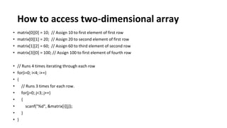 How to access two-dimensional array
• matrix[0][0] = 10; // Assign 10 to first element of first row
• matrix[0][1] = 20; // Assign 20 to second element of first row
• matrix[1][2] = 60; // Assign 60 to third element of second row
• matrix[3][0] = 100; // Assign 100 to first element of fourth row
• // Runs 4 times iterating through each row
• for(i=0; i<4; i++)
• {
• // Runs 3 times for each row.
• for(j=0; j<3; j++)
• {
• scanf("%d", &matrix[i][j]);
• }
• }
 