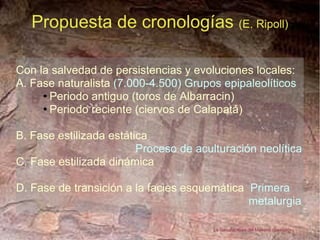 Propuesta de cronologías  (E. Ripoll)‏ Con la salvedad de persistencias y evoluciones locales: A. Fase naturalista  (7.000-4.500) Grupos epipaleolíticos Periodo antiguo (toros de Albarracin)  Periodo reciente (ciervos de Calapatá)‏ B. Fase estilizada estática Proceso de aculturación neolítica C. Fase estilizada dinámica D. Fase de transición a la facies esquemática   Primera  metalurgia La Gasulla. Ares del Maestre,(Castellón)  