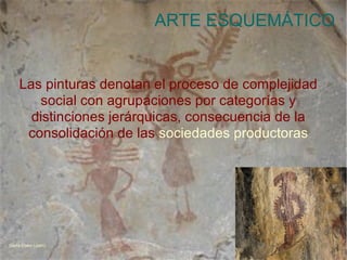 Las pinturas denotan el proceso de complejidad social con agrupaciones por categorías y distinciones jerárquicas, consecuencia de la consolidación de las  sociedades productoras ARTE ESQUEMÁTICO Santa Elena (Jaén)‏ 