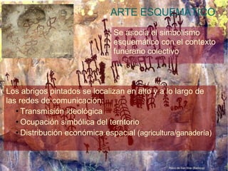ARTE ESQUEMÁTICO Risco de San Blas (Badajoz)‏ Se asocia el simbolismo esquemático con el contexto funerario colectivo La Serreta (Murcia)‏ La Graja (Jaén)‏ Los abrigos pintados se localizan en alto y a lo largo de las redes de comunicación: Transmisión ideológica Ocupación simbólica del territorio Distribución económica espacial  (agricultura/ganadería) ‏ 