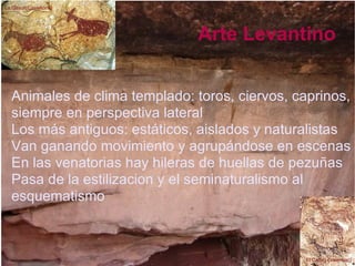Arte Levantino Animales de clima templado: toros, ciervos, caprinos, siempre en perspectiva lateral Los más antiguos: estáticos, aislados y naturalistas Van ganando movimiento y agrupándose en escenas En las venatorias hay hileras de huellas de pezuñas Pasa de la estilizacion y el seminaturalismo al esquematismo El Caroig (Valencia))‏ La Gasull(Castellóna)‏ 