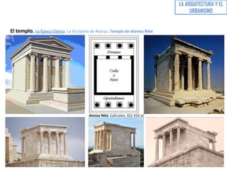 LA ARQUITECTURA Y EL
URBANISMO
El templo. La Época Clásica. La Acrópolis de Atenas. Templo de Atenea Niké
Atenea Niké. Calícrates. 421-410 aC
 