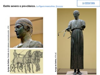 LA ESCULTURA
Estilo severo o pre-clásico. La figura masculina. Bronces
AurigadeDelfos.474aC
AurigadeDelfos.Detalledelacabezayreconstrucción.474
aC
 