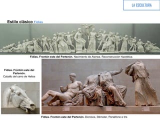 Estilo clásico Fidias
LA ESCULTURA
Fidias. Frontón este del Partenón. Nacimiento de Atenea. Reconstrucción hipotética.
Fidias. Frontón este del Partenón. Dionisos, Démeter, Perséfone e Iris
Fidias. Frontón este del
Partenón.
Caballo del carro de Helios
 
