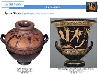 La cerámica
LA CERÁMICA
Época Clásica. Figuras rojas. Pintor de los Nióbides
Crátera de figuras rojas. Muerte de los hijos de Níobe.
Pintor de los Nióbides.
475-450 aC. Louvre
Hydria de figuras rojas.
Pintor de los Nióbides.
475-450 aC.
 