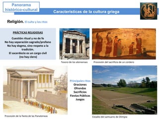 Características de la cultura griega
Panorama
histórico-cultural
Religión. El culto y los ritos
PRÁCTICAS RELIGIOSAS
Cuestión ritual y no de fe
No hay separación sagrado/profano
No hay dogma, sino respeto a la
tradición.
El sacerdocio es un cargo civil
(no hay clero)
Procesión del sacrificio de un cordero
Principales ritos
Oraciones
Ofrendas
Sacrificios
Fiestas Públicas
Juegos
Procesión de la fiesta de las Panateneas Estadio del santuario de Olimpia
Tesoro de los atenienses
 
