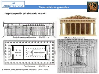 Características generales
LA
ARQUITECTURA
Despreocupación por el espacio interior
El Partenón. Ictinos, Calícrates y Fidias. 447-432 aC. Alzado y planta
El Partenón. Fachada e interior
 