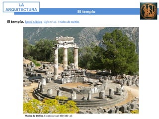 El templo
LA
ARQUITECTURA
El templo. Época Clásica. Siglo IV aC. Tholos de Delfos
Tholos de Delfos. Estado actual 390-380 aC
 