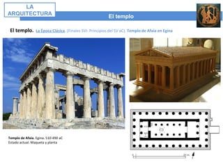 El templo
LA
ARQUITECTURA
El templo. La Época Clásica. (Finales SVI- Principios del SV aC). Templo de Afaia en Egina
Templo de Afaia. Egina. 510-490 aC
Estado actual. Maqueta y planta
 