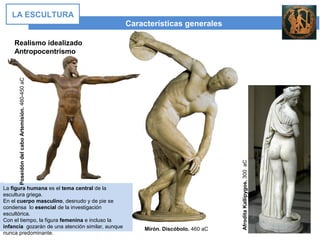 La figura humana es el tema central de la
escultura griega.
En el cuerpo masculino, desnudo y de pie se
condensa lo esencial de la investigación
escultórica.
Con el tiempo, la figura femenina e incluso la
infancia gozarán de una atención similar, aunque
nunca predominante.
Características generales
LA ESCULTURA
Realismo idealizado
Antropocentrismo
PoseidóndelcaboArtemisión.460-450aC
Mirón. Discóbolo. 460 aC
AfroditaKallipygos.300aC
 