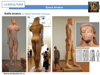 Época Arcaica
LA ESCULTURA
Estilo arcaico. La figura masculina. El Kouros
Kouros de Sounion 600 aC.
 
