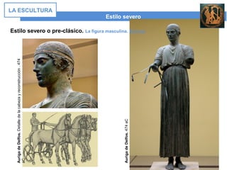 Estilo severo
LA ESCULTURA
Estilo severo o pre-clásico. La figura masculina. Bronces
AurigadeDelfos.474aC
AurigadeDelfos.Detalledelacabezayreconstrucción.474
aC
 