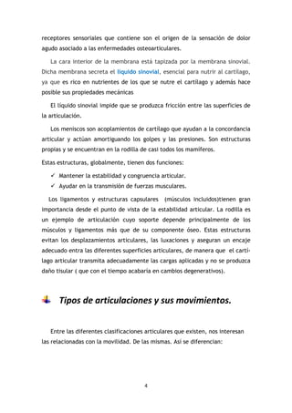 4
receptores sensoriales que contiene son el origen de la sensación de dolor
agudo asociado a las enfermedades osteoarticulares.
La cara interior de la membrana está tapizada por la membrana sinovial.
Dicha membrana secreta el líquido sinovial, esencial para nutrir al cartílago,
ya que es rico en nutrientes de los que se nutre el cartílago y además hace
posible sus propiedades mecánicas
El líquido sinovial impide que se produzca fricción entre las superficies de
la articulación.
Los meniscos son acoplamientos de cartílago que ayudan a la concordancia
articular y actúan amortiguando los golpes y las presiones. Son estructuras
propias y se encuentran en la rodilla de casi todos los mamíferos.
Estas estructuras, globalmente, tienen dos funciones:
 Mantener la estabilidad y congruencia articular.
 Ayudar en la transmisión de fuerzas musculares.
Los ligamentos y estructuras capsulares (músculos incluidos)tienen gran
importancia desde el punto de vista de la estabilidad articular. La rodilla es
un ejemplo de articulación cuyo soporte depende principalmente de los
músculos y ligamentos más que de su componente óseo. Estas estructuras
evitan los desplazamientos articulares, las luxaciones y aseguran un encaje
adecuado entra las diferentes superficies articulares, de manera que el cartí-
lago articular transmita adecuadamente las cargas aplicadas y no se produzca
daño tisular ( que con el tiempo acabaría en cambios degenerativos).
Tipos de articulaciones y sus movimientos.
Entre las diferentes clasificaciones articulares que existen, nos interesan
las relacionadas con la movilidad. De las mismas. Así se diferencian:
 
