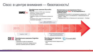 © Cisco и(или) ее аффилированные лица, 2014 г. Все права защищены. 8
AMP + FirePOWER
AMP > управляемая защита от угроз
Cisco: в центре внимания — безопасность!
Приобретение компании Cognitive
Security
•  Передовая служба исследований
•  Улучшенные технологии поведенческого
анализа в режиме реального времени
2013 2015...2014
Приобретение компании Sourcefire
Security
•  Ведущие в отрасли СОПВ нового поколения
•  Мониторинг сетевой активности
•  Advanced Malware Protection
•  Разработки отдела по исследованию уязвимостей
(VRT)
•  Инновации в ПО с открытым исходным кодом
(технология OpenAppID)
Malware Analysis & Threat Intelligence
Приобретение компании
ThreatGRID
•  Коллективный анализ вредоносного
кода
•  Анализ угроз
Коллективные исследования Cisco –
подразделение Talos по исследованию и
анализу угроз
•  Подразделение Sourcefire по исследованию уязвимостей — VRT
•  Подразделене Cisco по исследованию и информированию об
угрозах — TRAC
•  Подразделение Cisco по безопасности приложений — SecApps
Cognitive + AMP
Коллективный анализ вредоносного
кода > Система коллективной
информационной безопасности
 