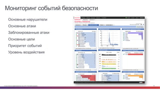 © Cisco и(или) ее аффилированные лица, 2014 г. Все права защищены. 83
Мониторинг событий безопасности
•  Основные нарушители
•  Основные атаки
•  Заблокированные атаки
•  Основные цели
•  Приоритет событий
•  Уровень воздействия
 