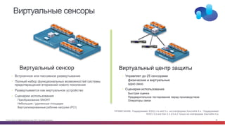 © Cisco и(или) ее аффилированные лица, 2014 г. Все права защищены. 96
Виртуальный сенсор
Виртуальные сенсоры
Виртуальный центр защиты
•  Встроенное или пассивное развертывание
•  Полный набор функциональных возможностей системы
предотвращения вторжений нового поколения
•  Развертывается как виртуальное устройство
•  Сценарии использования
Преобразование SNORT
Небольшие / удаленные площадки
Виртуализированные рабочие нагрузки (PCI)
•  Управляет до 25 сенсорами
физические и виртуальные
одно окно
•  Сценарии использования
Быстрая оценка
Предварительное тестирование перед производством
Операторы связи
ПРИМЕЧАНИЕ. Поддерживает ESX(i) 4.x and 5.x на платформах Sourcefire 5.x. Поддерживает
RHEV 3.0 and Xen 3.3.2/3.4.2 только на платформах Sourcefire 4.x.
DC
 
