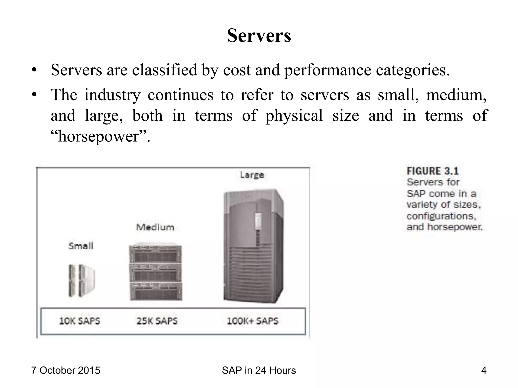 Servers
• Servers are classified by cost and performance categories.
• The industry continues to refer to servers as small, medium,
and large, both in terms of physical size and in terms of
“horsepower”.
7 October 2015 SAP in 24 Hours 4
 