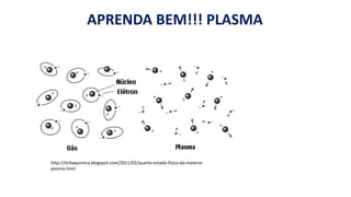 APRENDA BEM!!! PLASMA
http://drikaquimica.blogspot.com/2011/02/quarto-estado-fisico-da-materia-
plasma.html
 